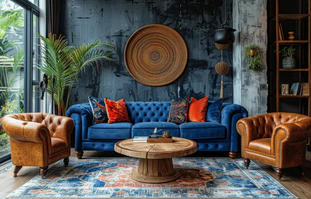 Tufted blue sofa and leather armchairs arranged in a bohemian living room with a large patterned rug and dark concrete wall decor.