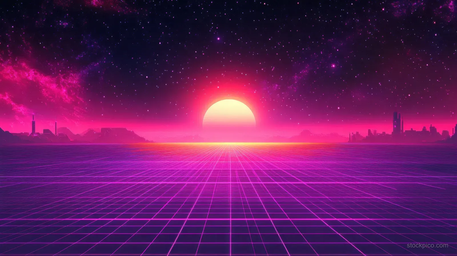 Neon synthwave sunset over a reflective grid ocean with stars and distant silhouettes in purple space.