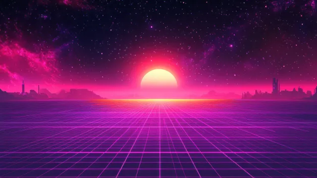 Neon synthwave sunset over a reflective grid ocean with stars and distant silhouettes in purple space.