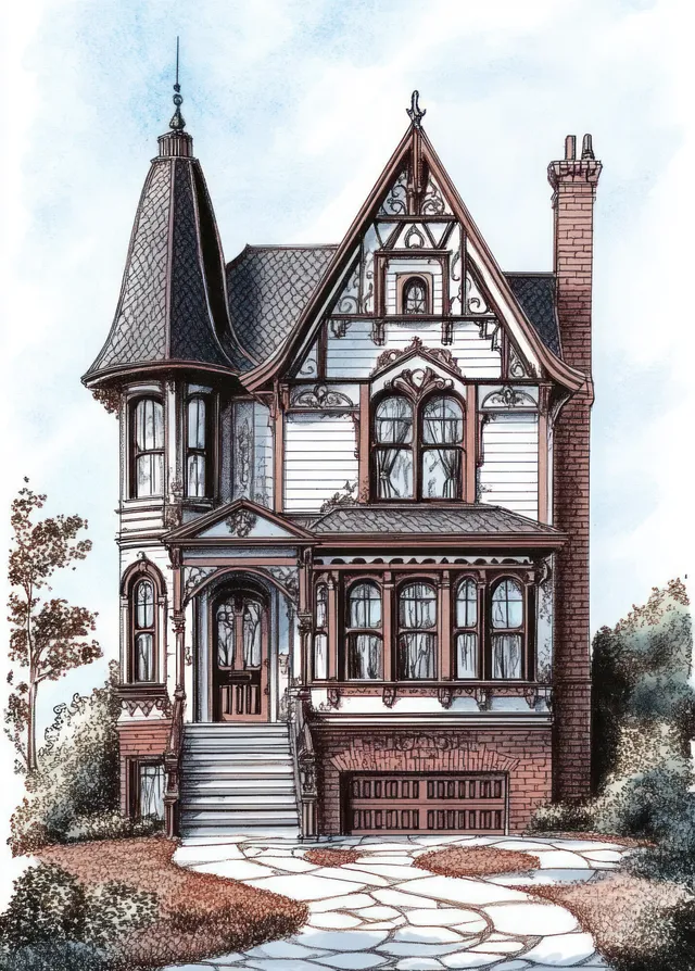 Victorian house entrance in a whimsical ink sketch with a winding path and surrounding trees.