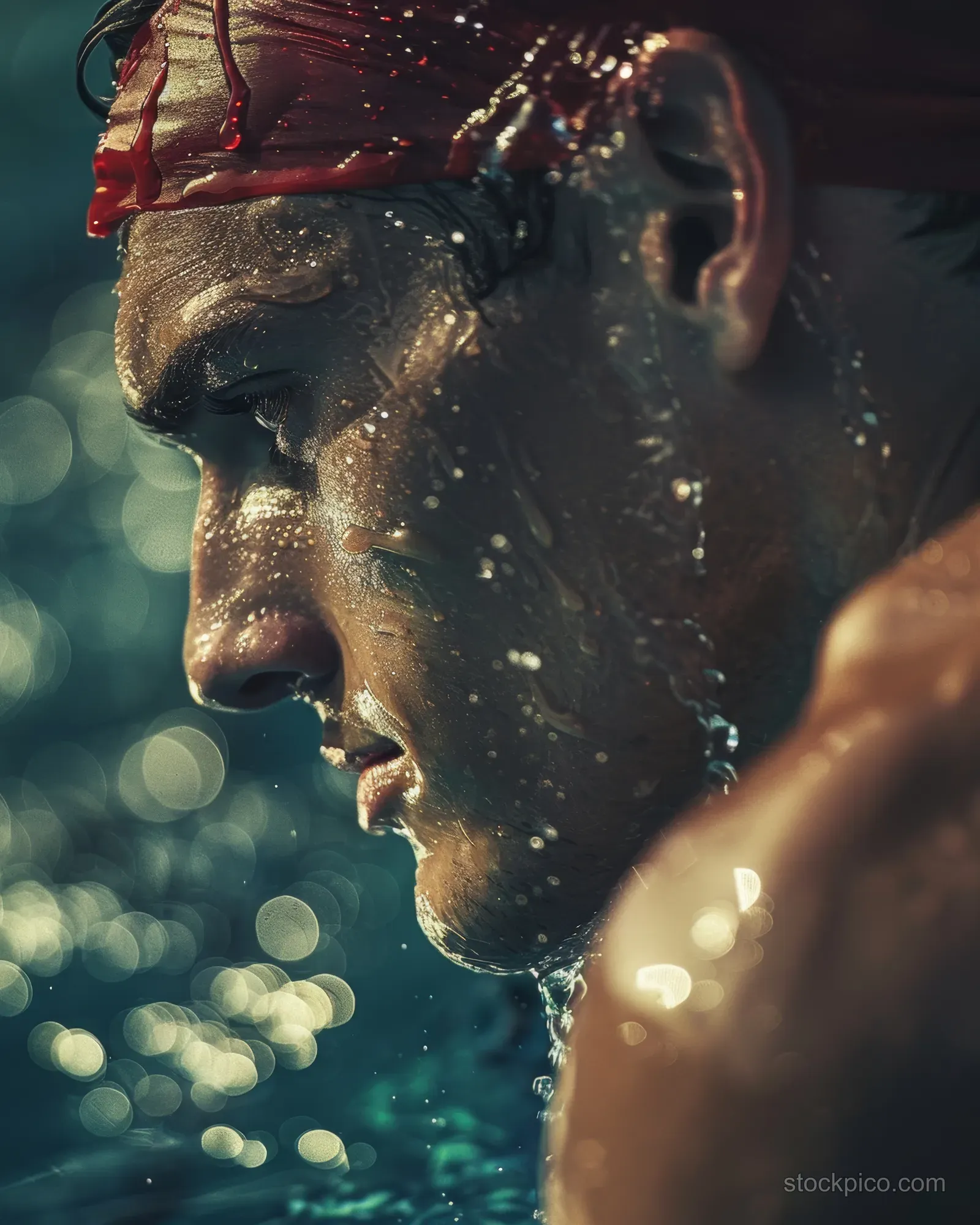 A focused male swimmer on a starting block in a pool, preparing to dive for a breaststroke race.