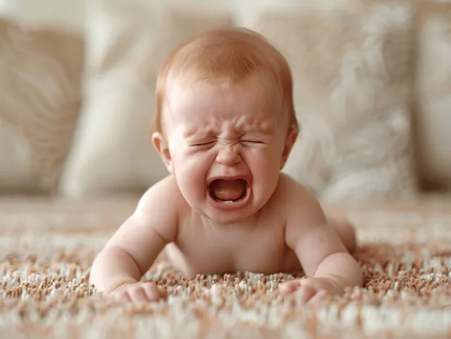 Closeup baby boy crying on soft rug, teary face with open mouth expression