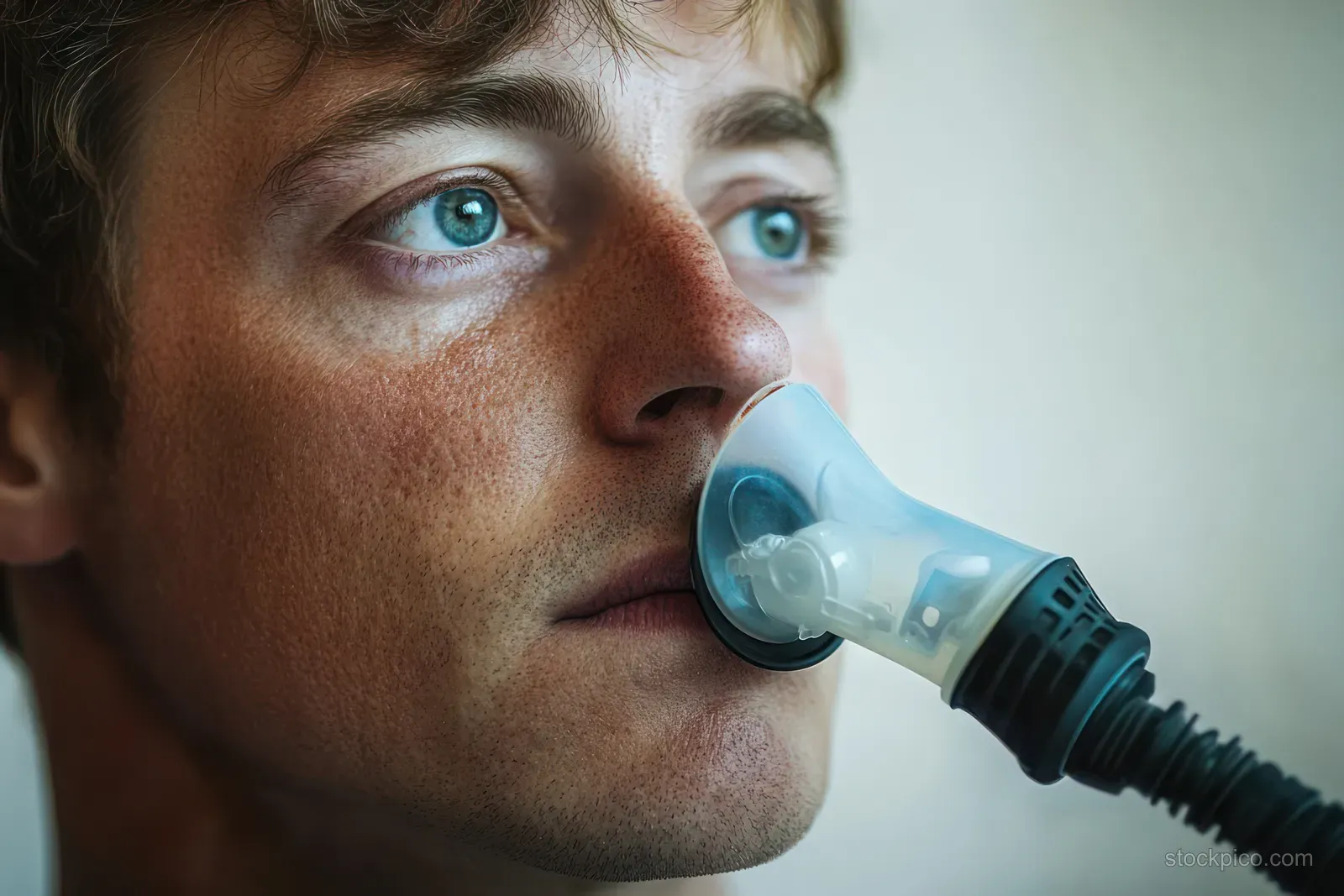 Patient in a transparent ventilator mask connected to a black corrugated tube in a neutral room.