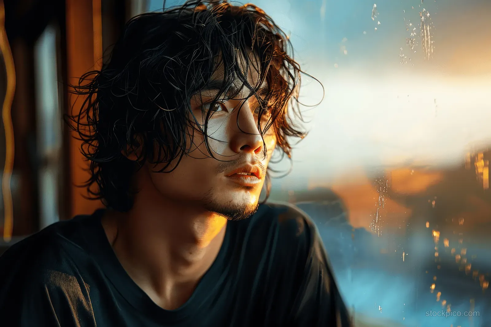 Japanese man with messy black hair in a black T-shirt gazes toward a warm sunrise over mountains outside a window.