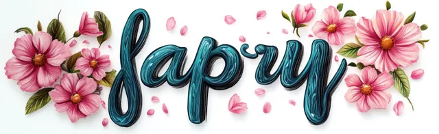 Decorative “Happy spring” script surrounded by pink flowers and floating petals on a white background.