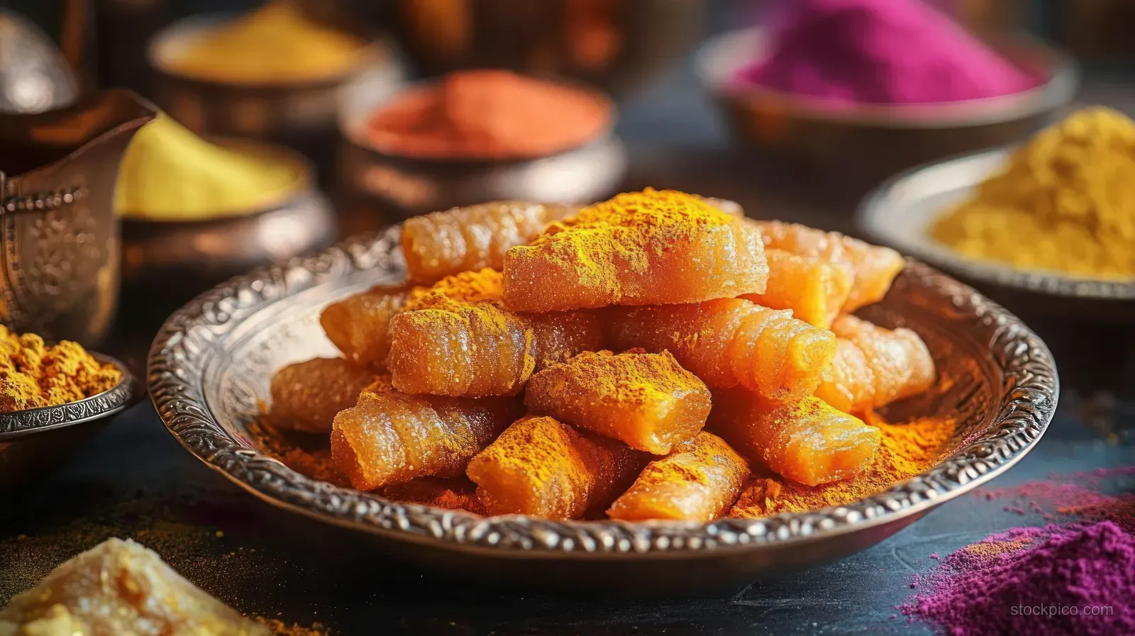 Rolled Indian sweets on a plate, dusted with yellow turmeric, with colorful spice bowls in warm light.