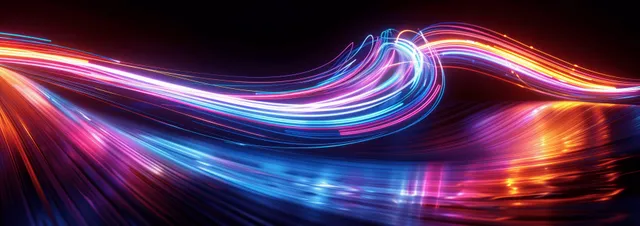 Glowing neon light trails curve across a dark abstract background with reflections.