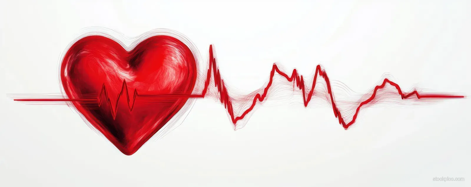 A red heart is connected to a jagged electrocardiogram heartbeat line across a light background.