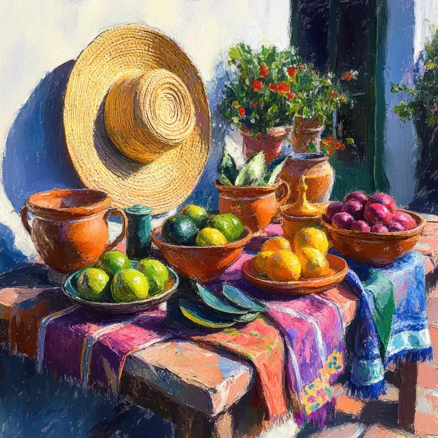 Colorful fruits in terracotta bowls on a brick table with woven cloth, straw hat, and green plants outdoors.