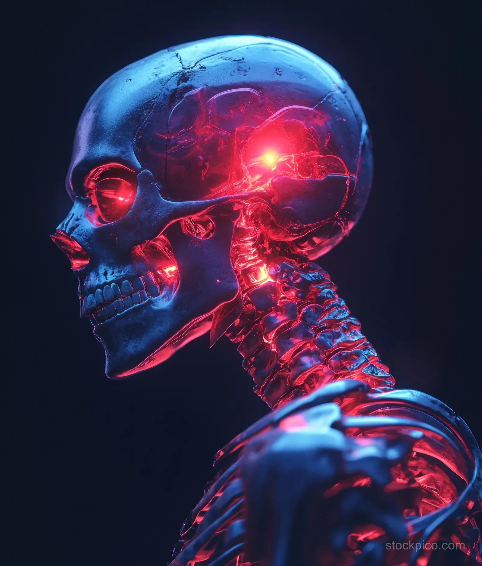 A glowing skeletal side profile shows shoulder and neck anatomy with red highlighted pain points.