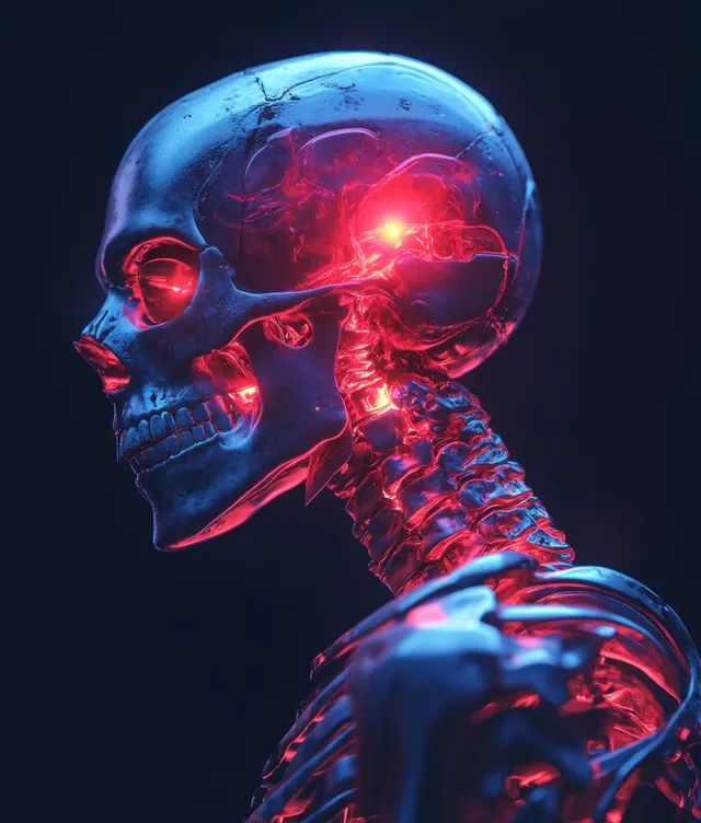A glowing skeletal side profile shows shoulder and neck anatomy with red highlighted pain points.
