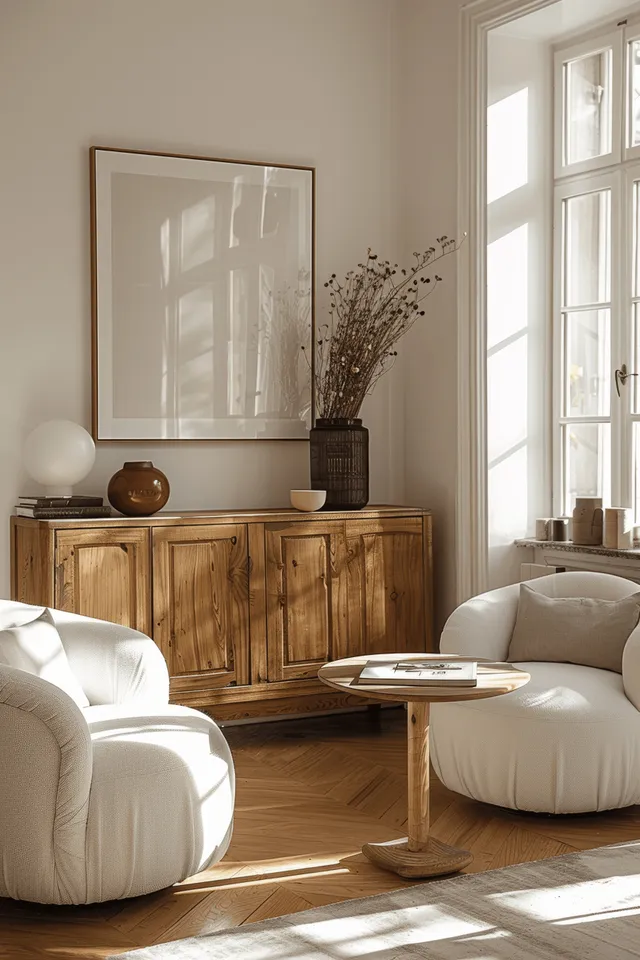 Sunlit minimalist living room with wooden sideboard, armchairs, and empty wall frame