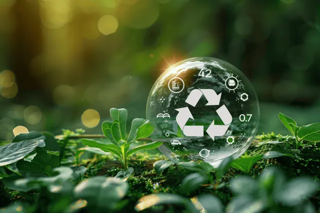 Recycling symbol over green forest leaves with CO2 metrics glowing in glass bubble