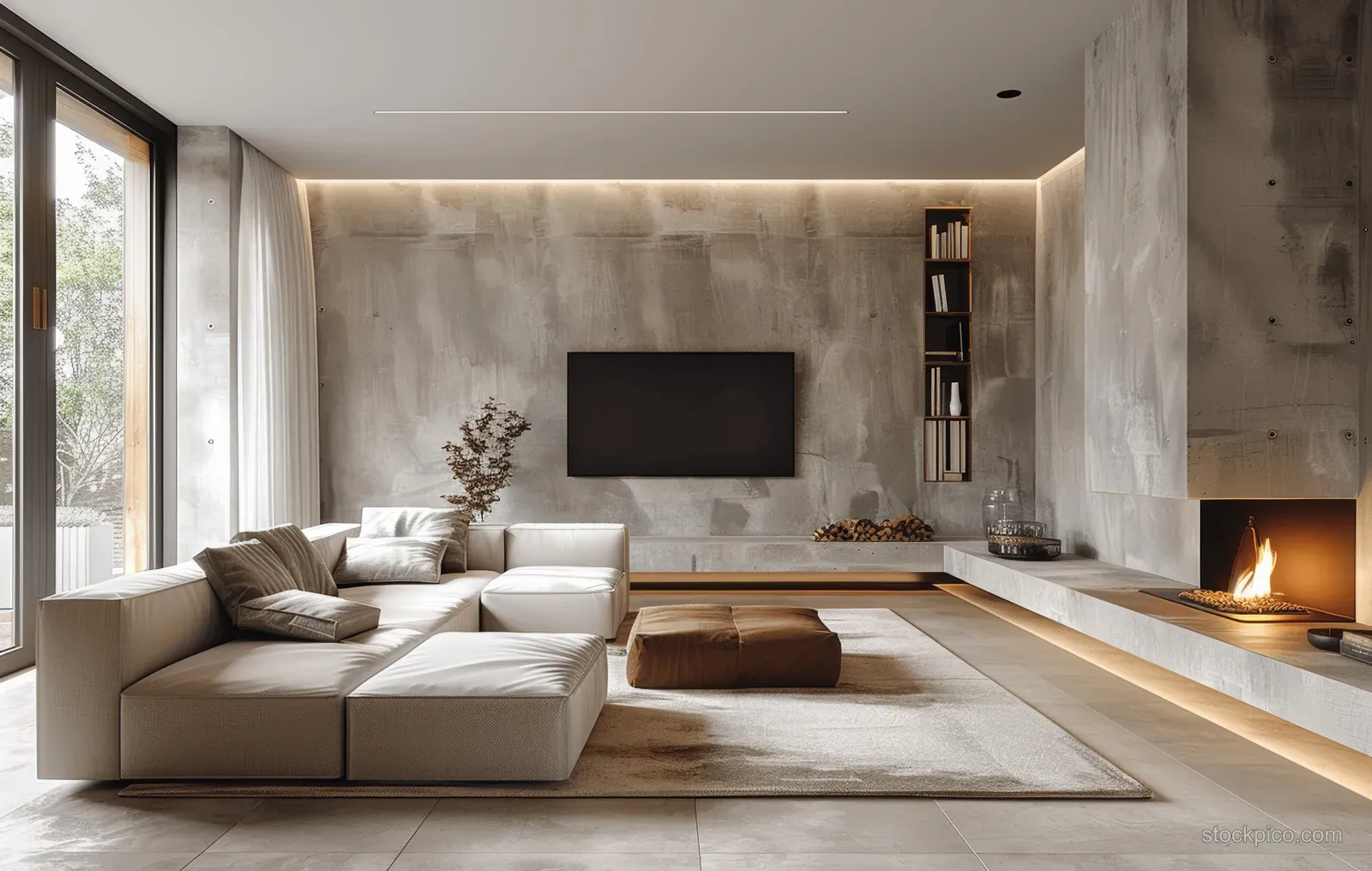 Beige sectional sofa faces a wall TV, while a lit fireplace glows beside concrete walls in a minimalist living room.
