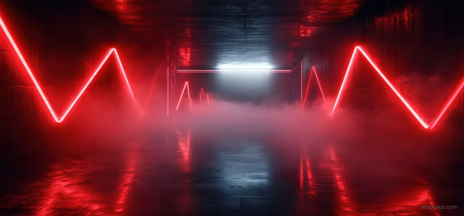 Dark neon-lit warehouse corridor with red glowing symbols, reflective floor, and light fog.