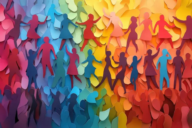 Colorful Paper Cutout Crowd Celebrating Unity in a Vibrant Rainbow Setting