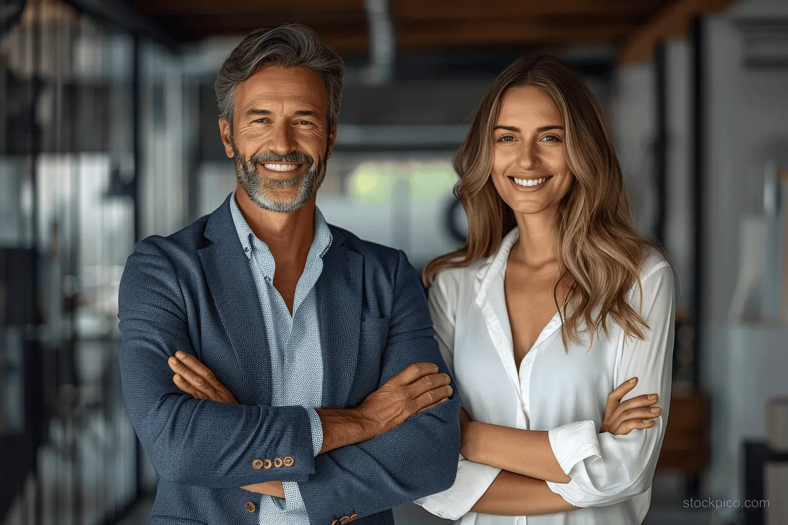 Smiling business man and woman stand with arms crossed in a modern office with glass and desks.