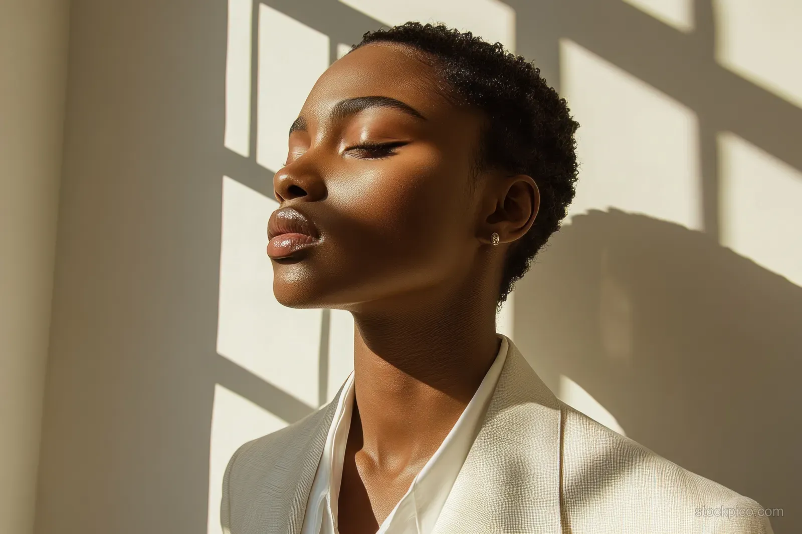 Split portrait shows a woman in a tailored blazer before and after weight loss, with soft sunlight shadows.
