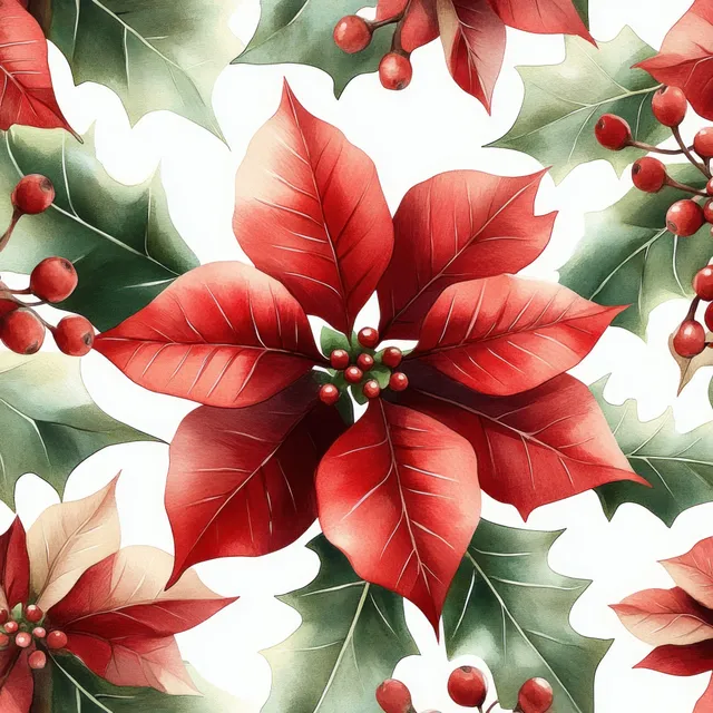 Watercolor poinsettia and holly leaves pattern with berries, holiday textile backdrop
