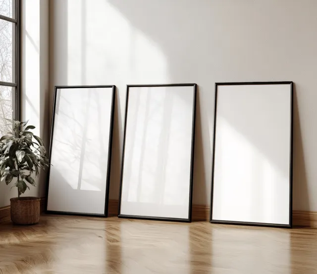 Minimalist empty picture frames are arranged against a light beige wall in a modern interior with warm wooden flooring.
