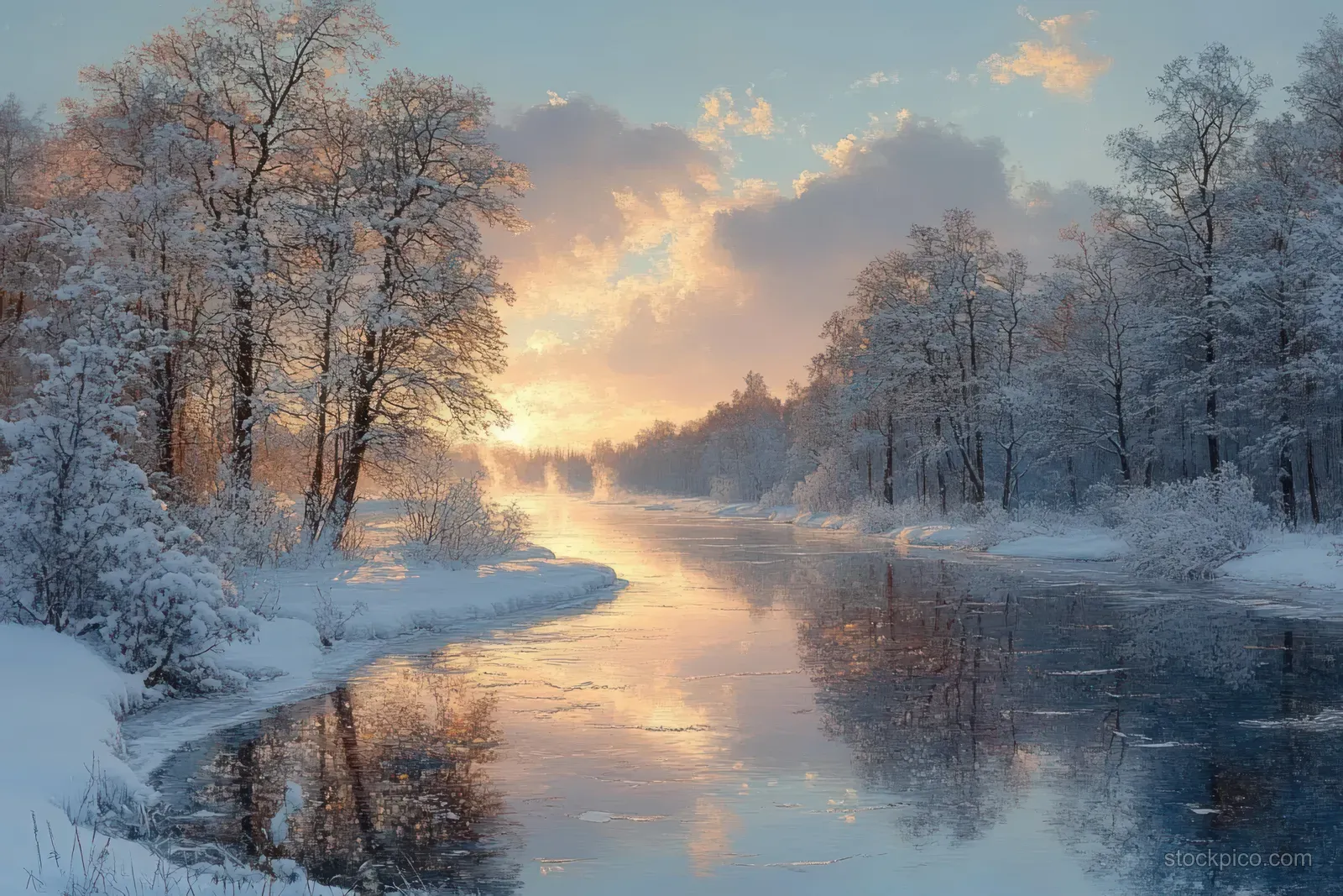 Golden sunrise lights a partially frozen river bordered by snow-covered trees and mirrored reflections on the icy water.