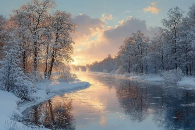Winter sunrise over partially frozen river, snow-covered trees glowing with golden reflections