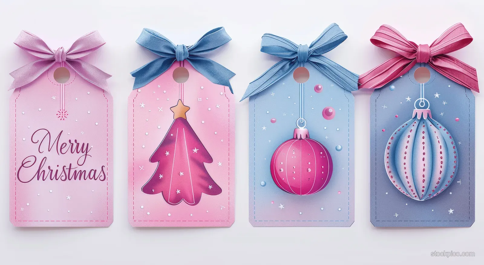 Three vertical Christmas gift tags in pink, blue, and purple with ribbon bows and ornament illustrations.