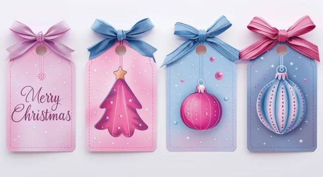 Three vertical Christmas gift tags in pink, blue, and purple with ribbon bows and ornament illustrations.