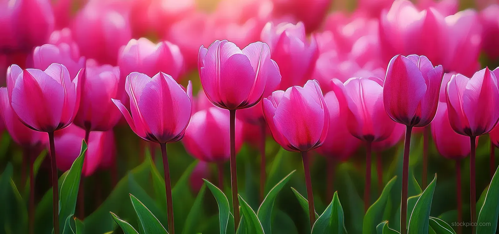 Pink tulips bloom in a sunlit garden with fresh green leaves and a softly blurred background.