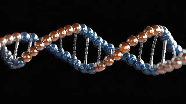 Shiny double-helix DNA model close-up with blue and orange spheres on black background