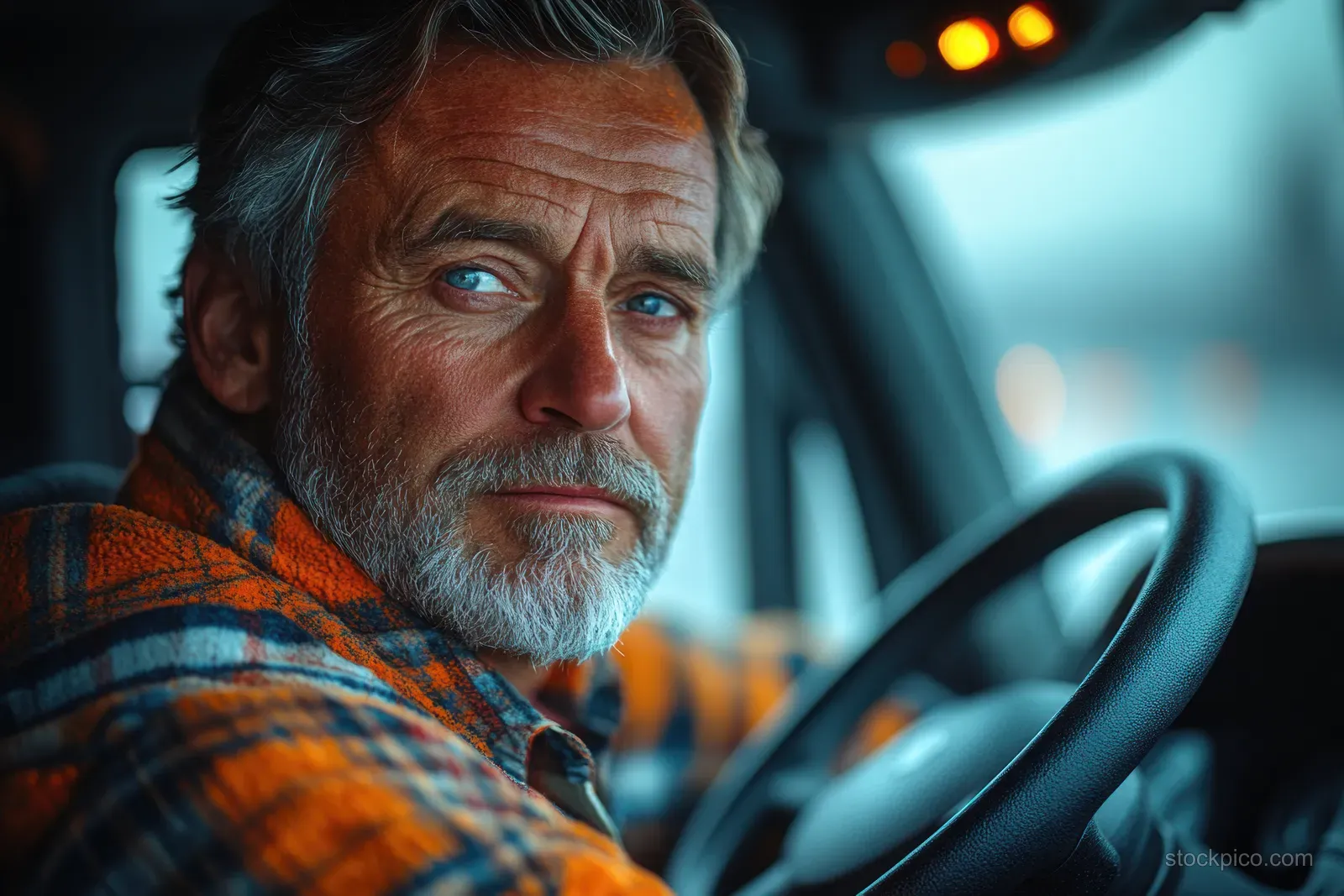 Truck driver in a parked cab checking a smartphone with soft dashboard lighting from behind the wheel area.