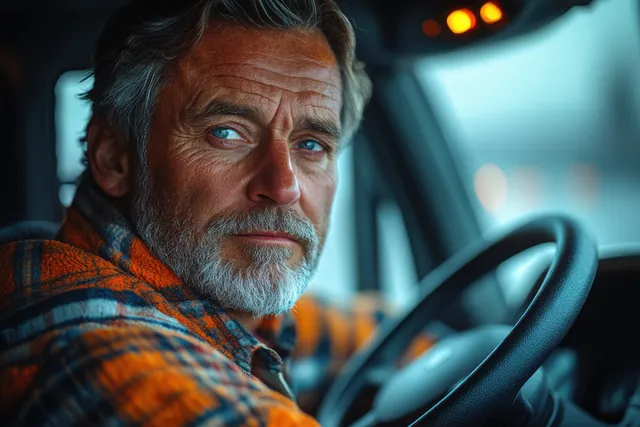 Truck driver in a parked cab checking a smartphone with soft dashboard lighting from behind the wheel area.
