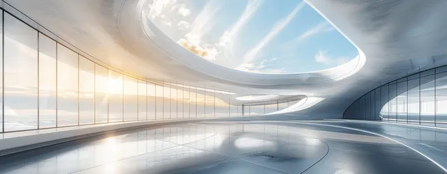 An empty futuristic curved hall with glass walls and a reflective concrete floor.
