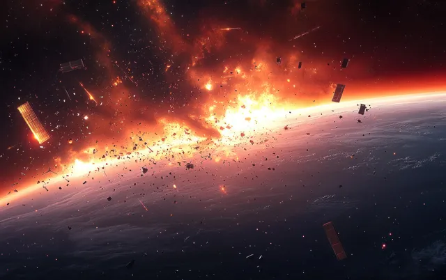 Earth at sunset with glowing orbital debris scattering across the dark sky