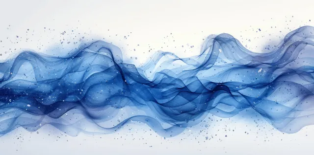 Blue and white watercolor ocean waves with swirling spray and soft ink stains
