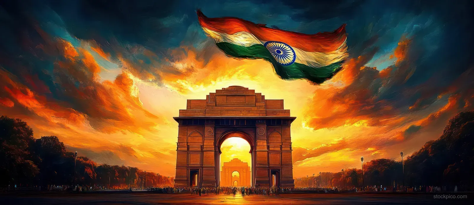 Indian tricolor flag waves above India Gate as a fiery sunset lights the monument and clouds.
