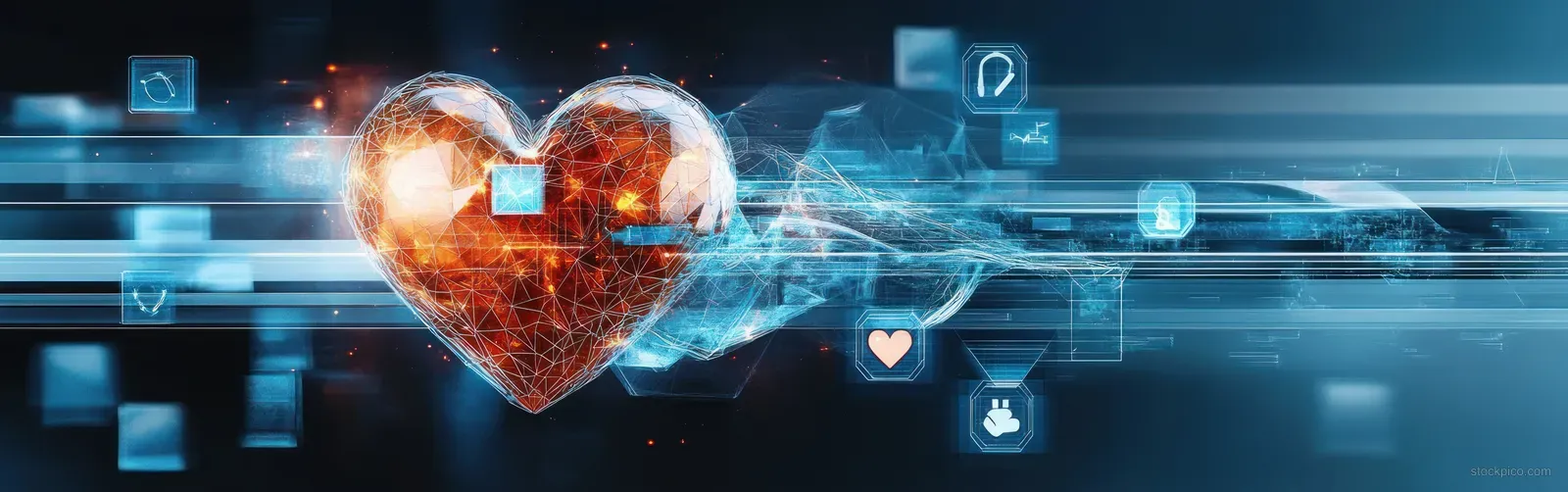 Glowing heart icon formed by data points floats above a digital grid of medical interface symbols.