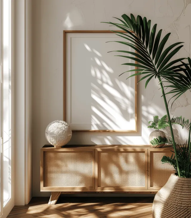 Coastal bedroom interior with wooden frame window, tropical plant, warm light, minimal decor