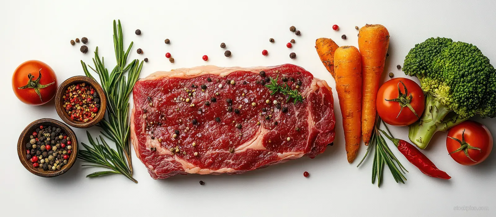 Raw steak with peppercorns surrounded by tomatoes, carrots, broccoli, rosemary, and chili pepper on a white background.