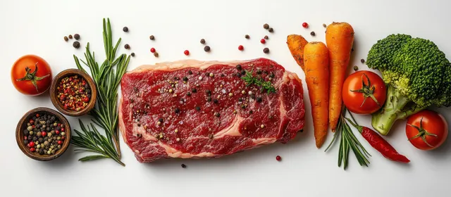 Raw steak with peppercorns surrounded by tomatoes, carrots, broccoli, rosemary, and chili pepper on a white background.