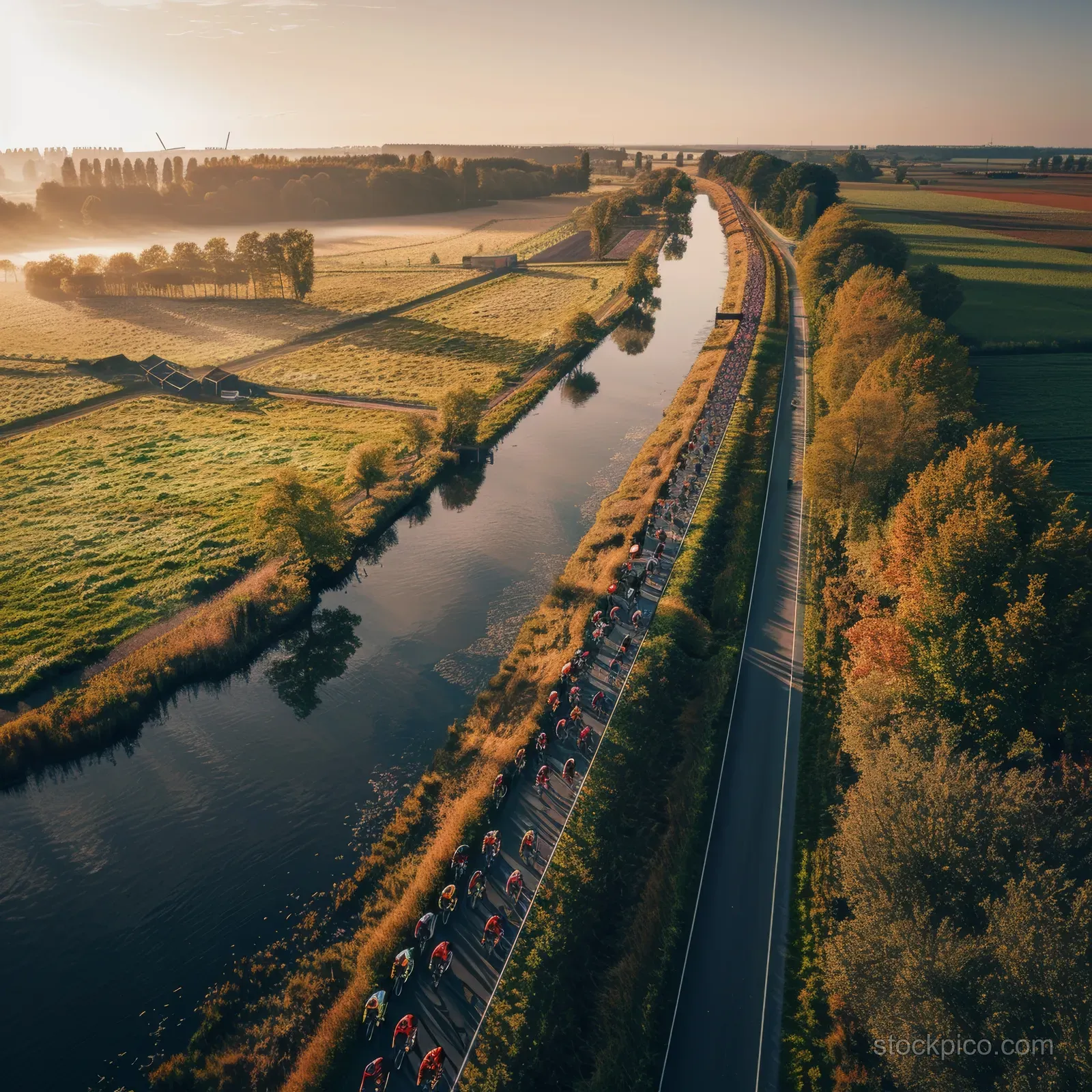 Aerial view of a cycling peloton racing along a river road through Dutch countryside at sunset.