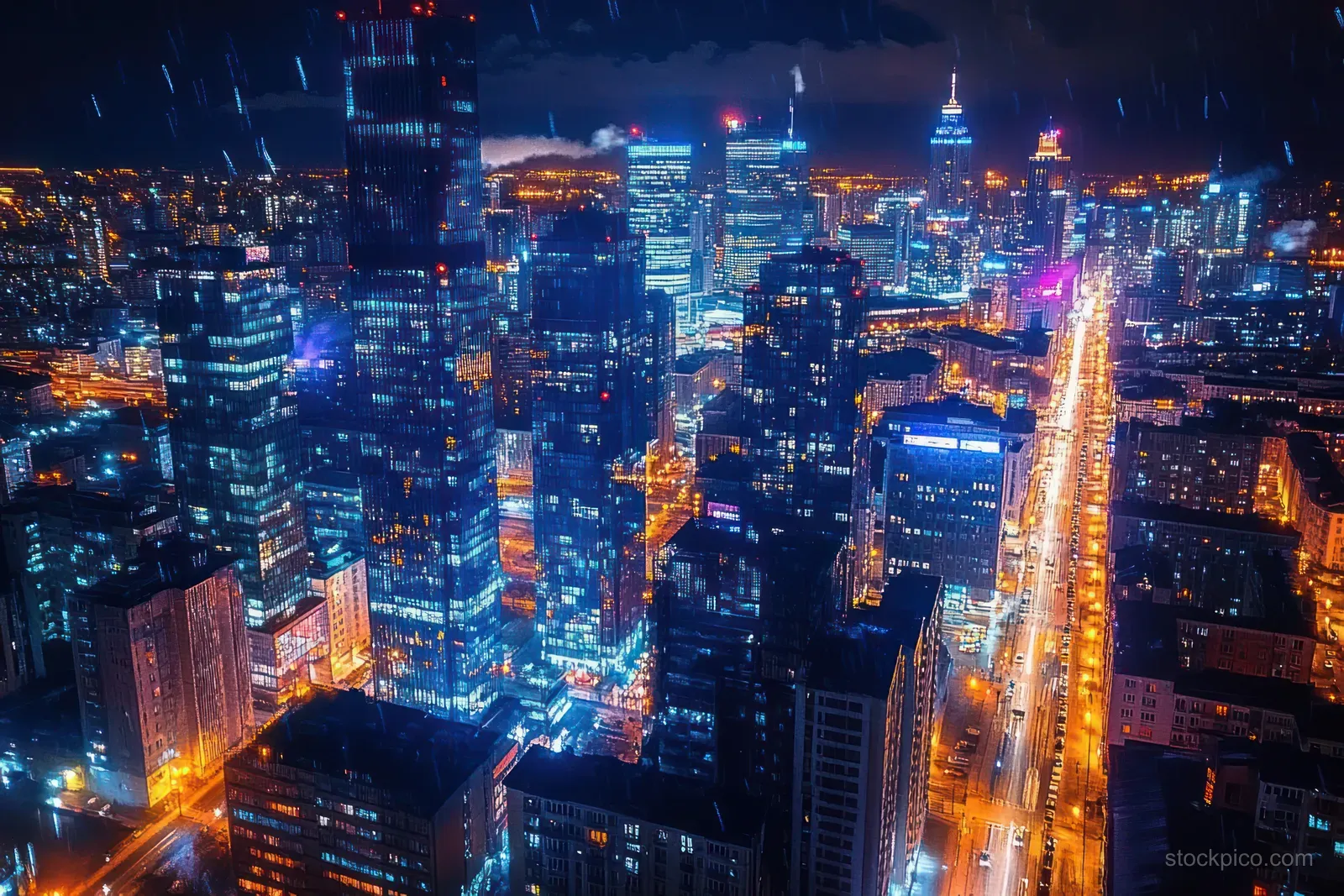 Aerial night skyline with illuminated skyscrapers and glowing streets with reflections on wet rain-slick roads.