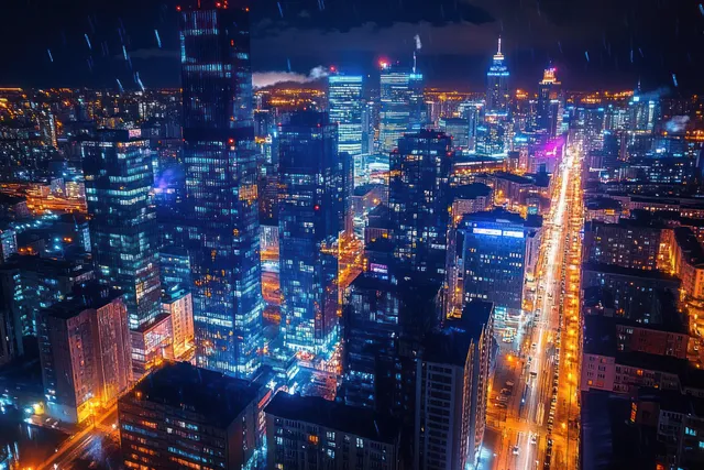 Aerial night skyline with illuminated skyscrapers and glowing streets with reflections on wet rain-slick roads.