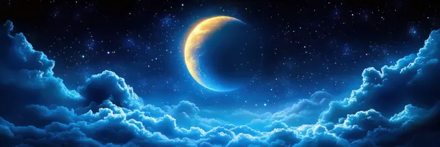 A glowing crescent moon above vivid blue clouds with scattered twinkling stars in a deep night sky.