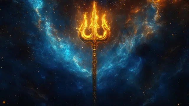 A glowing golden trident floats in a cosmic nebula, surrounded by swirling blue and orange star clouds.