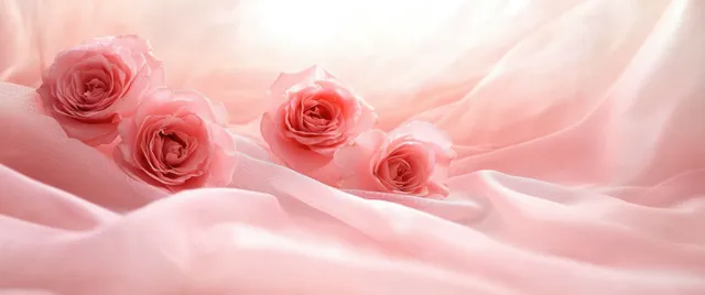 Delicate pink roses arranged on sheer silk fabric, softly illuminated by natural light for an elegant, dreamy still life.