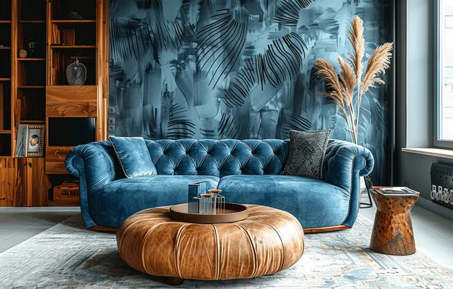 Blue velvet sofa and round wooden coffee table in a sunlit living room with dark leafy wallpaper and pampas grass.