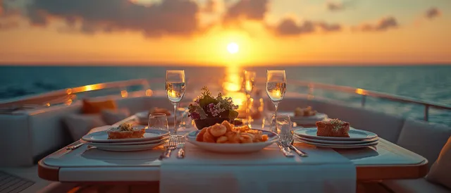 Yacht Dinner Table with Gourmet Plates at Sunset with Sea View Dining