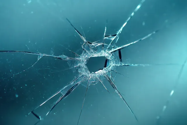 Broken car windshield close-up with shattered glass starburst and glowing blue light