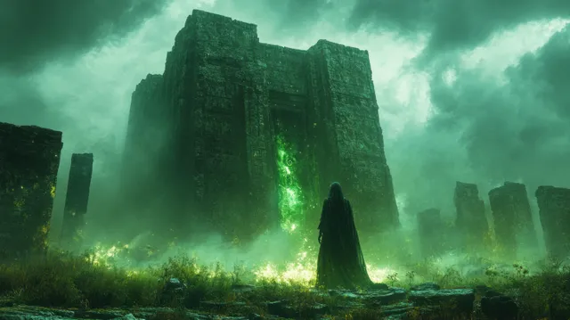Um guerreiro em silhueta está entre ruínas cobertas de musgo enquanto magia verde brilha através da neblina em espiral.